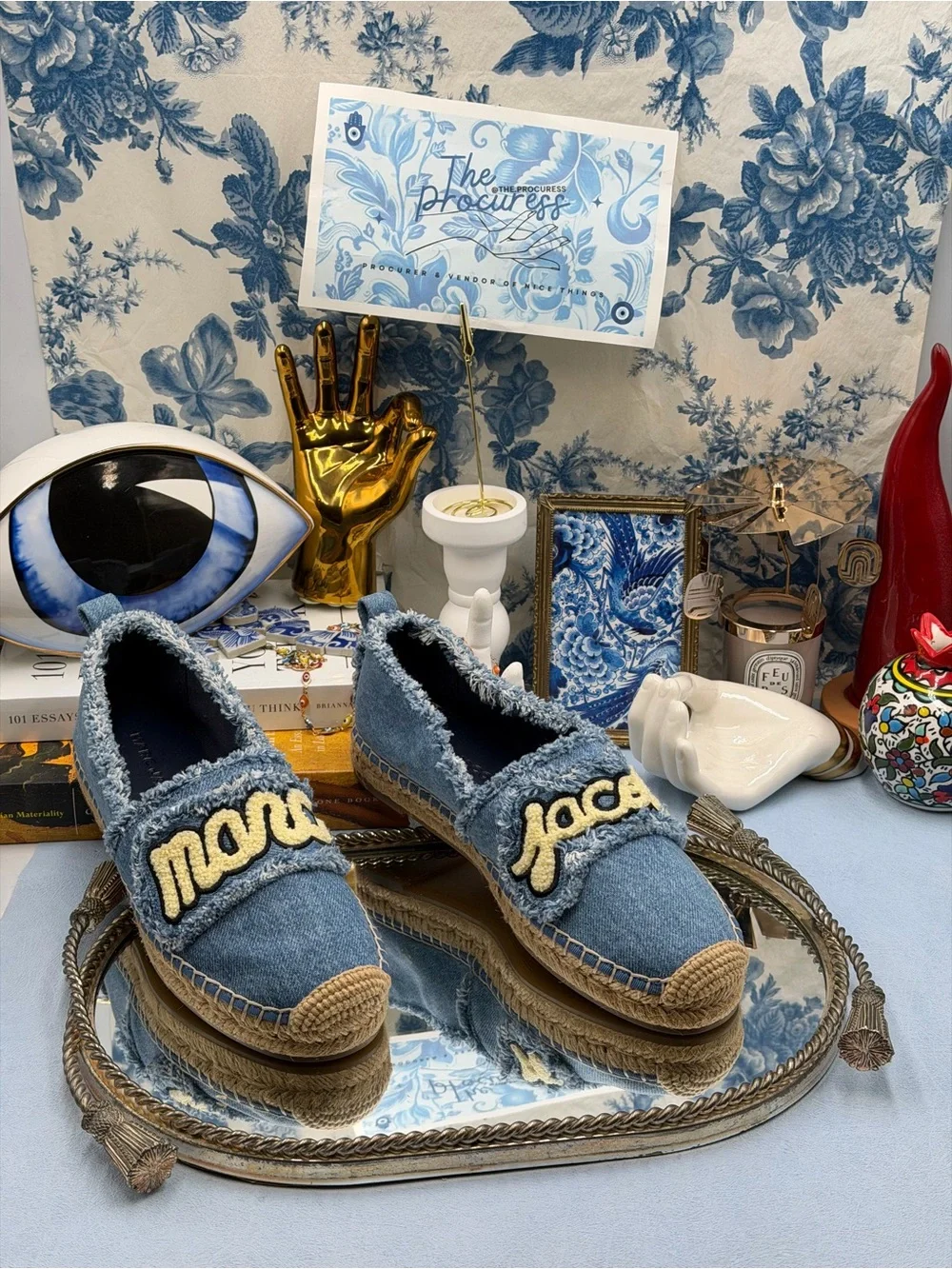 🆕 MARC JACOBS 🧿 NWOB The Marc Frayed Embroidered Logo Espadrille, Denim - Sz 7